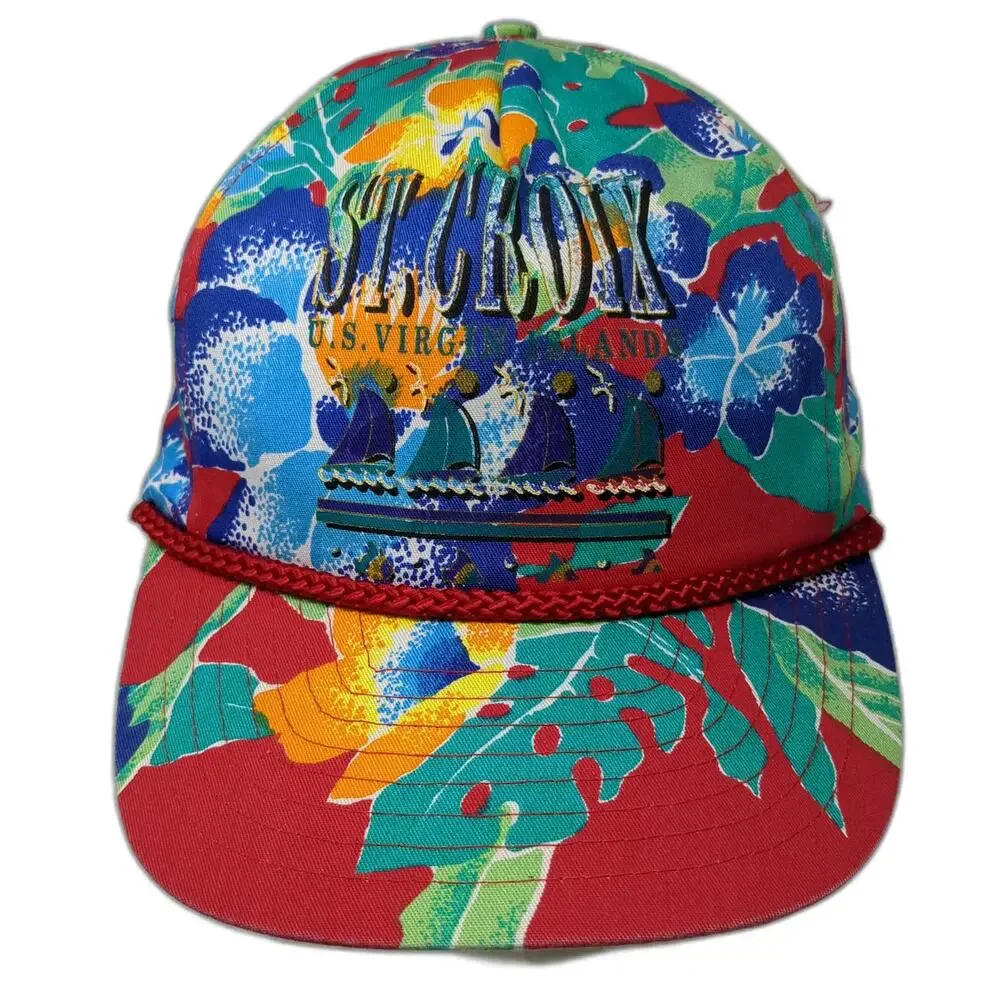Nissin 5 Panel Red One Size St Croix US Virgin Islands Floral Tropical Rope Hat